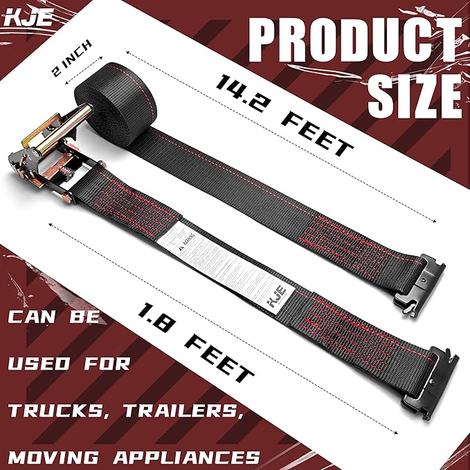 KJE E-Track Ratchet Straps, 8 Pack Black 2" x16' Heavy Duty Cargo Tie-Downs, 4500LBS Breaking Strength, Standard E Track Fitting Tie Down Ratcheting Strap for Cargo Vans, Trucks, Trailers