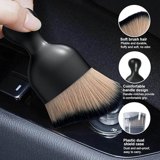 Ziciner Car Detailing Brush, Curved Soft Bristles Auto Removal Dust Collectors, Universal Vehicle Dashboard, Air Conditioner Vents etc Interior Cleaning Tool Accessory (Brown/Black)