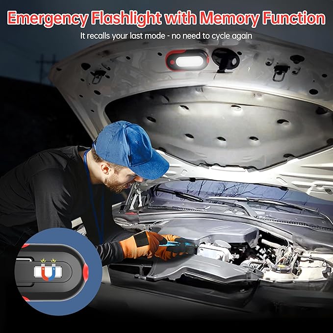 Magnetic Work Light Rechargeable, 400LM LED Work Light with COB Floodlight & Spotlight, 5 Modes, 3–7H Runtime, USB-C Magnetic Flashlight with Hook for Car Repair, Camping, Emergency
