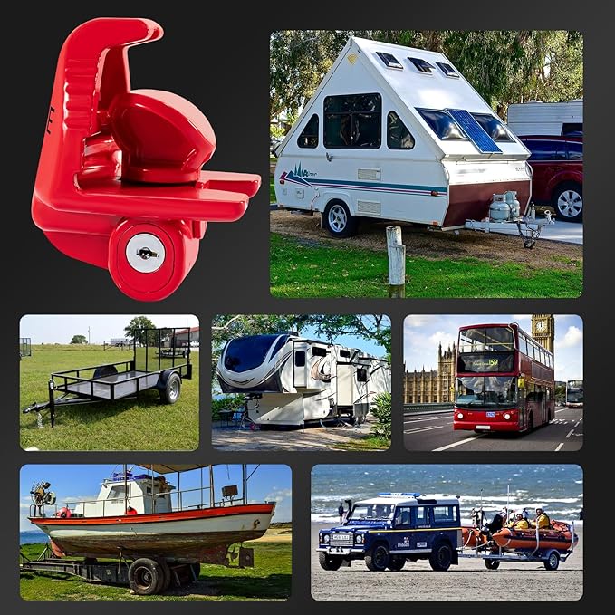 Trailer Hitch Locks with Keys, Trailer Lock Fit 1-7/8", 2", and 2-5/16" Couplers, Universal Accessories for Truck Vehicles, Boat and Rv, Heavy-Duty Steel, Red