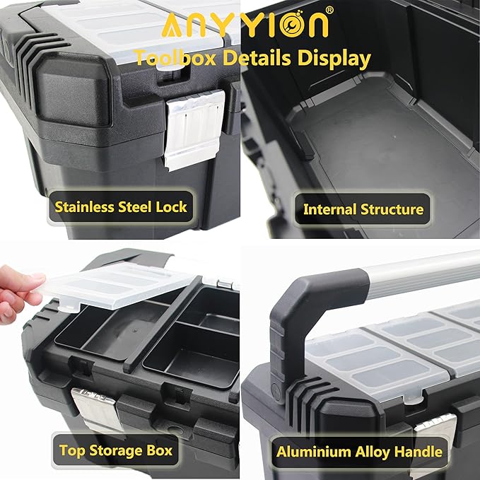 Anyyion 17-Inch Tool box with Removable Tray with Stainless Steel Dual Lock Secured,Small Parts Box, Metal Handle is Truly Rugged（Internal:15.67"L x 7.56"W x 6.7"H)