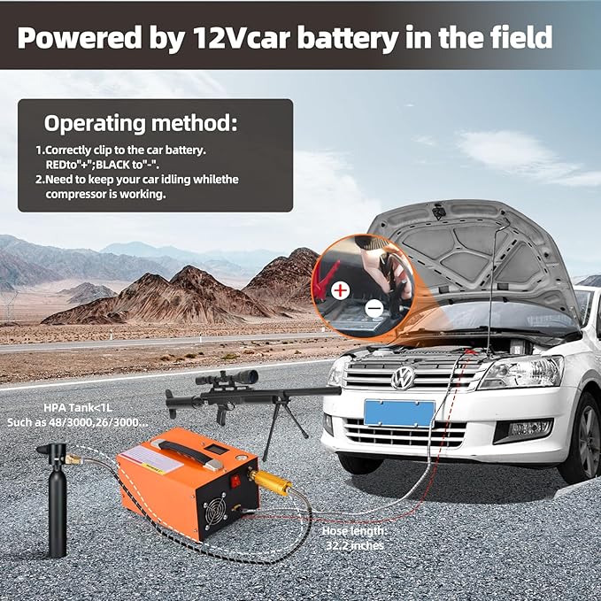 PCP air compressor, 4500 Psi / 30 Mpa, powered by 110V AC / 12V DC, manual stop, oil-free/water-free, built-in cooling fan, suitable for paintball shooting and PCP air guns