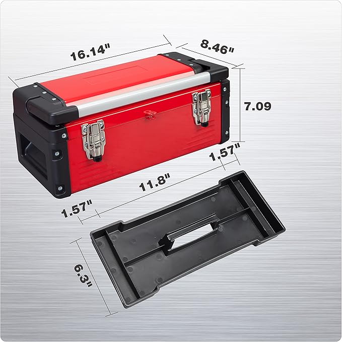 Jack Boss Metal Tool Box Steel 16" Inch Tool Organizer Box Durable Portable Tool Storage with Alum Alloy Handle Double-Lock Toolbox & Removable Tray …