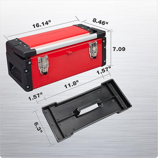 Jack Boss Metal Tool Box Steel 16" Inch Tool Organizer Box Durable Portable Tool Storage with Alum Alloy Handle Double-Lock Toolbox & Removable Tray …