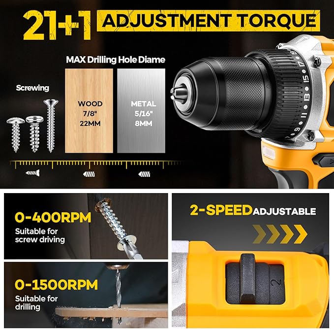 Cordless Drill Set/Driver, 20V Electric Power Drill With Battery And Charger, 40N Torque, 20+1 Settings, 2 Batteries,3/8-Inch Keyless Chuck, Driver Bits Kit, LED Light