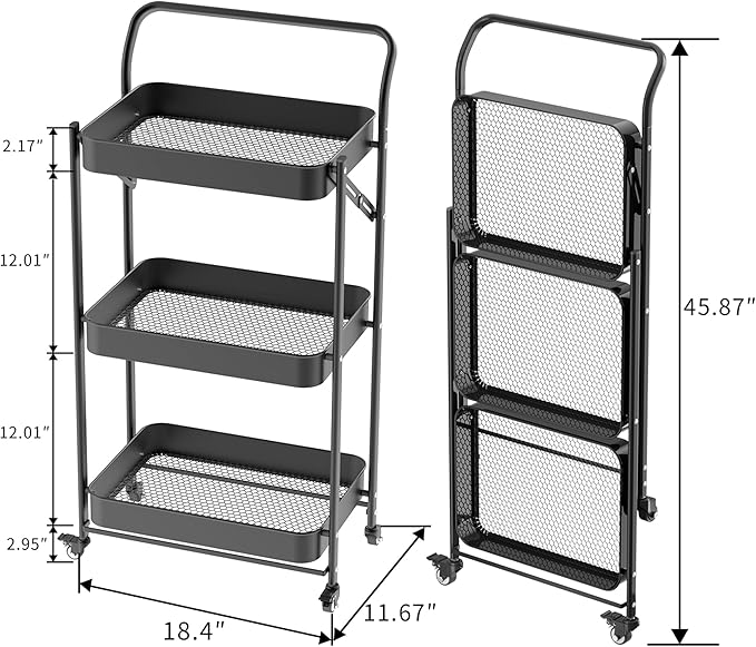 JAQ No Assembly Foldable Rolling Cart, 3 Tier Black Metal Folding Utility Cart with Handle, Heavy Duty Mobile Storage Organizer on Wheels for Office, Garage, Tools & Kitchen (Black)