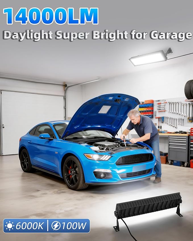 100W LED Shop Light, 14000LM 6000K Plug in Garage Light with 6FT Power Cord, IP66 Waterproof Work Bench Shop Lights for Garage, Workshop, Warehouse, Outdoor, Yard, Garden