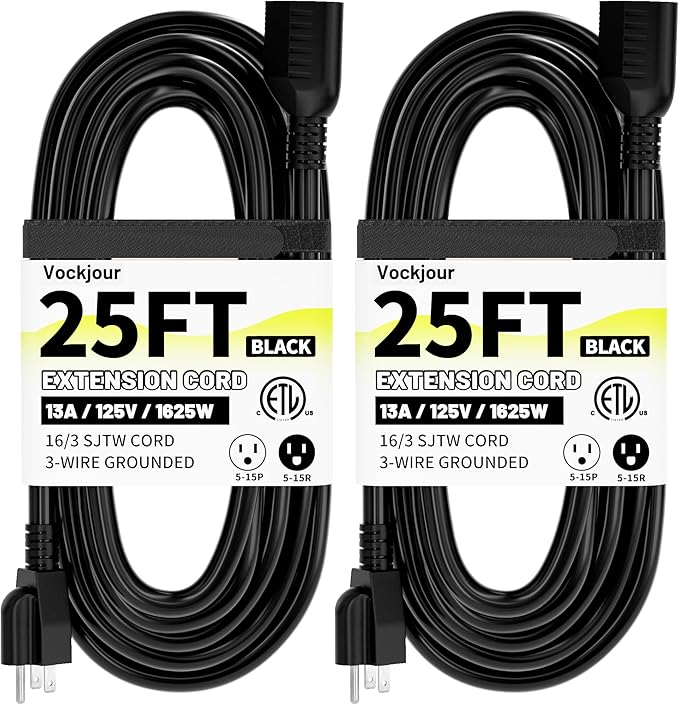 16/3 Black Indoor Outdoor Extension Cord 25 Ft 2 Pcs Waterproof, Extension Cord with 3 Prong,13A 1625W 16AWG SJTW, Flexible Weatherproof Power Cable for Offices, Gardens and Lawns