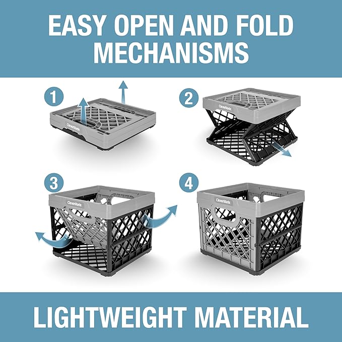 CleverMade Collapsible Milk Crate 25L (6.6 Gal) 3 Pack, 50 lb Capacity Heavy Duty Folding Crate – Stackable Storage Crates with File Rails, Plastic Collapsible Crates - Stone