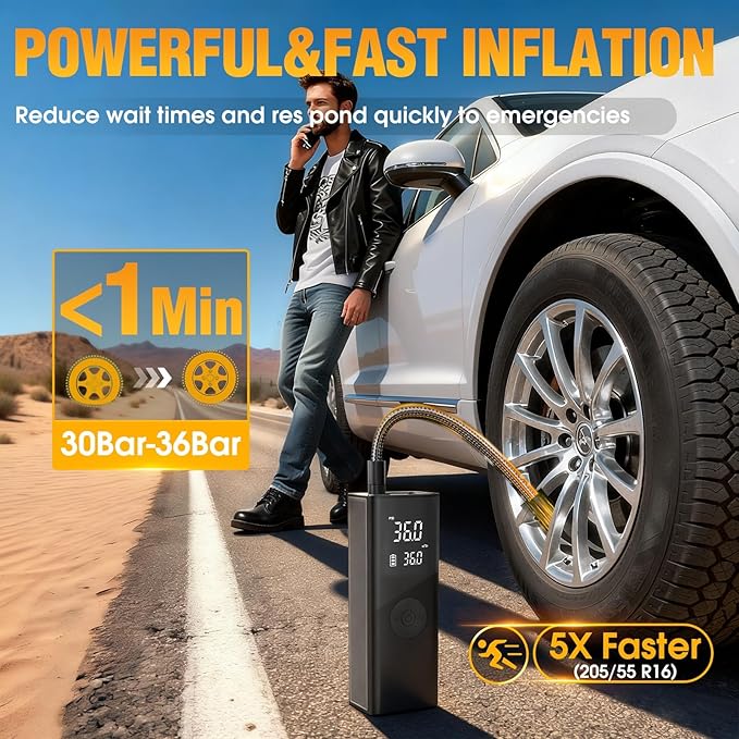 FLYKID Tire Inflator Portable Air Compressor,5X Fast Cordless Air Pump for Car Tires with Powerful Battery,150PSI Portable Air Compressor with Digital Pressure Gauge for Cars, Bike & Motorcycle,Ball