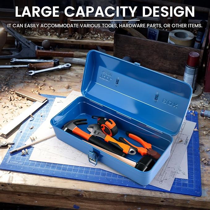 Large Metal Tool Storage Box with Handle for Workshop,15 inches Portable Tool Case with Lid，Locking Organiser Box for Hardware Part(blue)