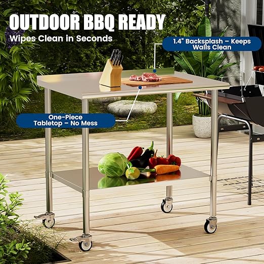 Stainless Steel Work Table with Wheels, 30x48 Inch NSF Food Prep Table with Backsplash & Adjustable Undershelf for Kitchen, Restaurant, Garage