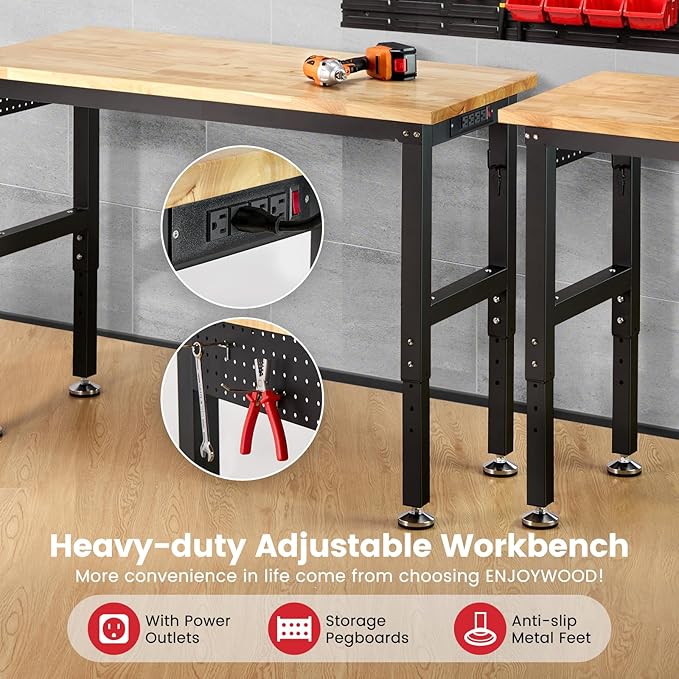 ENJOYWOOD Workbench with Pegboard 48 Inch Work Bench for Garage Adjustable Height Rubberwood Tabletop Garage Workbench with Power Outlet for Woodworking, Home, Office, Workshop