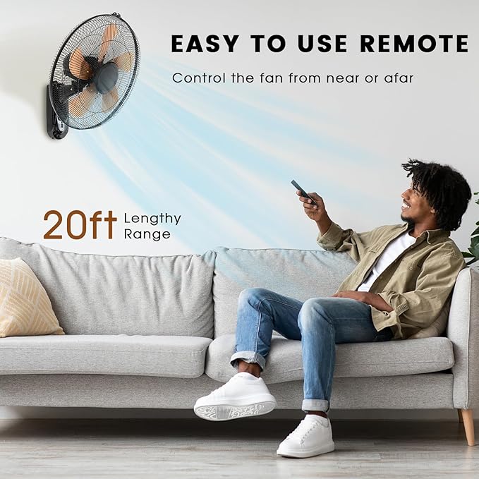 AZOUTDOOR 2 Pack 20 Inch Wall Mounted Fans with Remote Control, Oscillating Fan with 3 Speed Settings, High Velocity Fans with Adjustable Tilt and Timing for Bedroom, Living Room, Kitchen, Office
