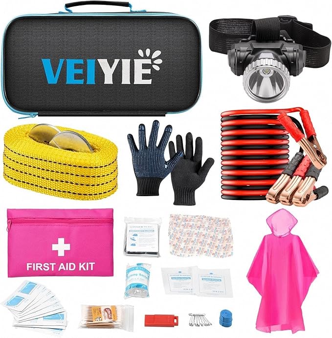 Car Roadside Emergency Kit with Jumper Cables, Car First Aid Kit Emergency Kit for Vehicles, Car Safety Roadside Assistance Kit Headlamp, Tow Straps, Gloves, Essential Car Accessories for Men, Women