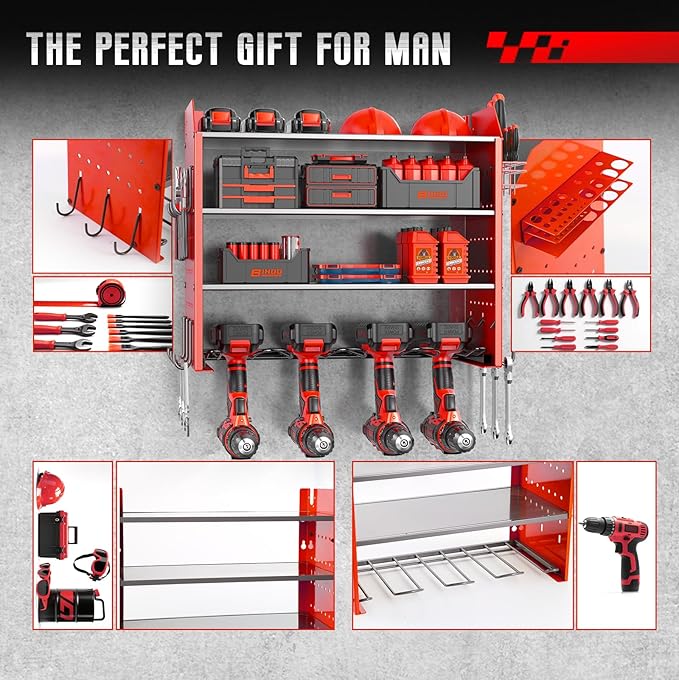 Power Tool Organizer Wall Mount, Garage Tool Organizer with 4 Drill Holders for Cordless Tools.Heavy Duty Drill Holder Wall Mount with Hooks.Red