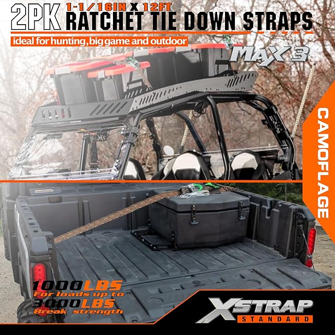XSTRAP STANDARD 2 Pack Heavy Duty Hunting Ratchet Tie Down Straps, 1-1/16" x 12Ft, 3000Lbs Break Strength, for UTV, ATV, Motorcycle & Moving Cargo, Camouflage