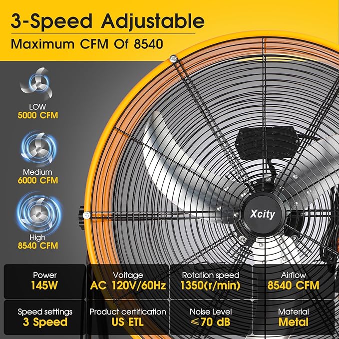 Xcity 24-Inch Metal Drum Fan, Max 8700 CFM High Velocity Industrial Floor Fan With 360° Tilt & 3 Speed for Garage,Workshop,Factory, Basement
