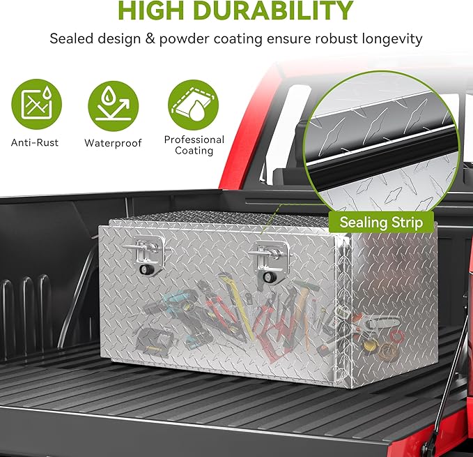 AUTOSAVER88 36 Inch Underbody Tool Box, Heavy Duty Aluminum Diamond Plate Toolbox Chest Storage Organizer, Waterproof Chest Storage Box with Lock for Trucks, Trailers, RVs, Warehouses, Silver