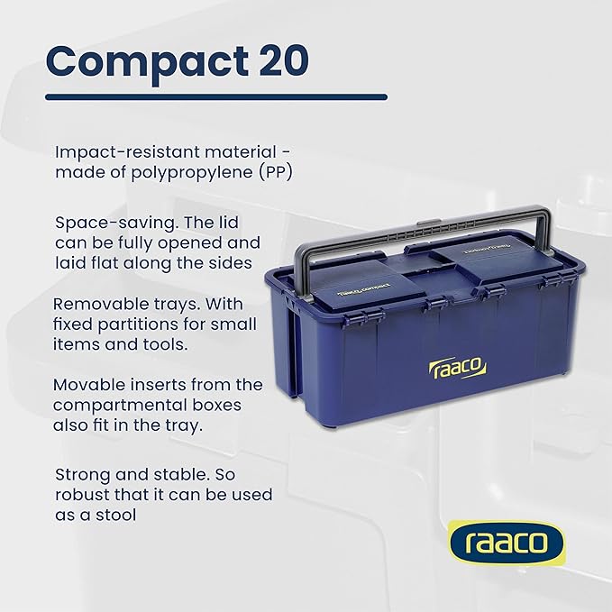 Raaco Tool Box with Drawers & Removable Trays – Durable Plastic Polypropylene (PP) Organizer with Handle, Stackable & Lockable, 66 lb Load Capacity (Compact 20)