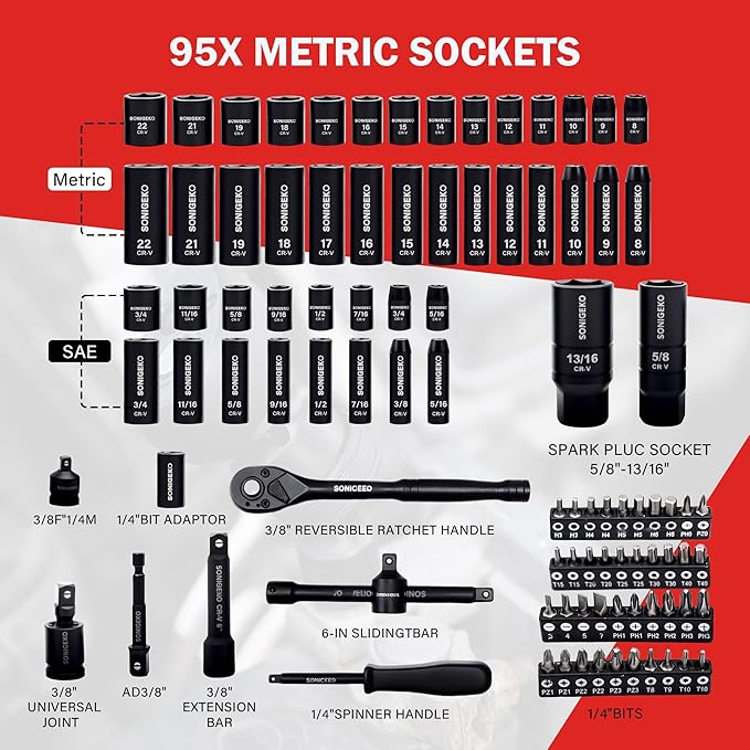 Socket Set 3/8" Drive Impact 95-Piece 6 Point Deep, Standard SAE and Metric CR-V Steel Sockets with Drive Ratchet Handle and Security Bits (3/8" 95 PCS Socket Set,Metric and SAE)