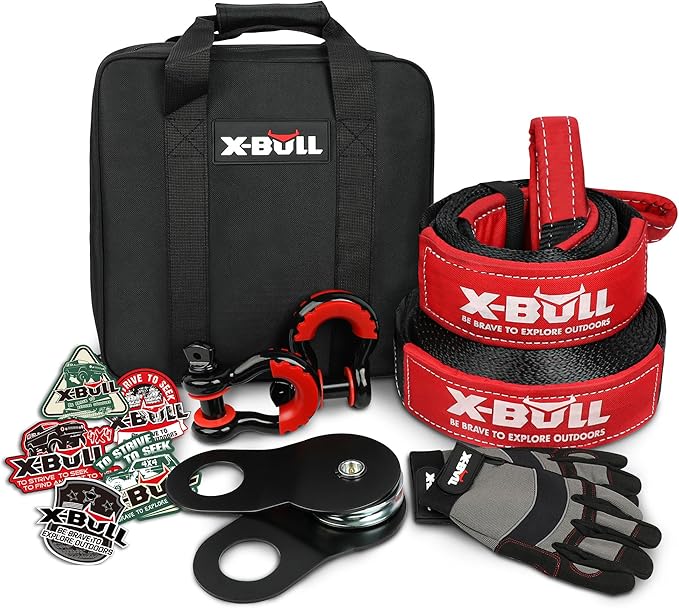 X-BULL Off-Road 4×4 Recovery Kit - Heavy Duty 3'' x 30' (31518LBS) 100% Nylon Tow Strap+41887lbs Break Strength D-Ring Shackles (2pcs)+Block Pulley+Gear Storage Bag +Gloves for ATV/UTV Jeep Truck