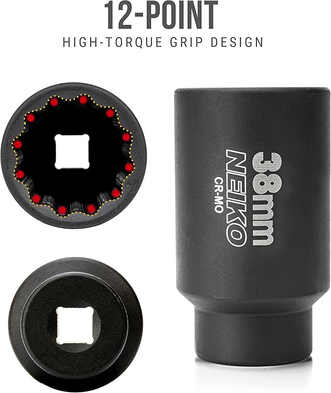 NEIKO 02528A 38mm Socket | 1/2” Drive Deep Impact Socket | Spindle & Axle Nut Socket | 12 Point |Chrome Molybdenum Cr-Mo |Deep Well Hub | Triple Square | Axle Shaft Nut Remover