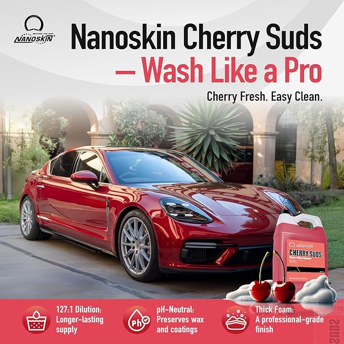 Nanoskin CHERRY SUDS Foaming Car Wash Shampoo 16 Oz. - Works with Foam Cannon, Foam Gun, Bucket Washes, Car Soap for Pressure Washer | Safe for Cars Trucks, Motorcycles, RVs & More | Cherry Scented