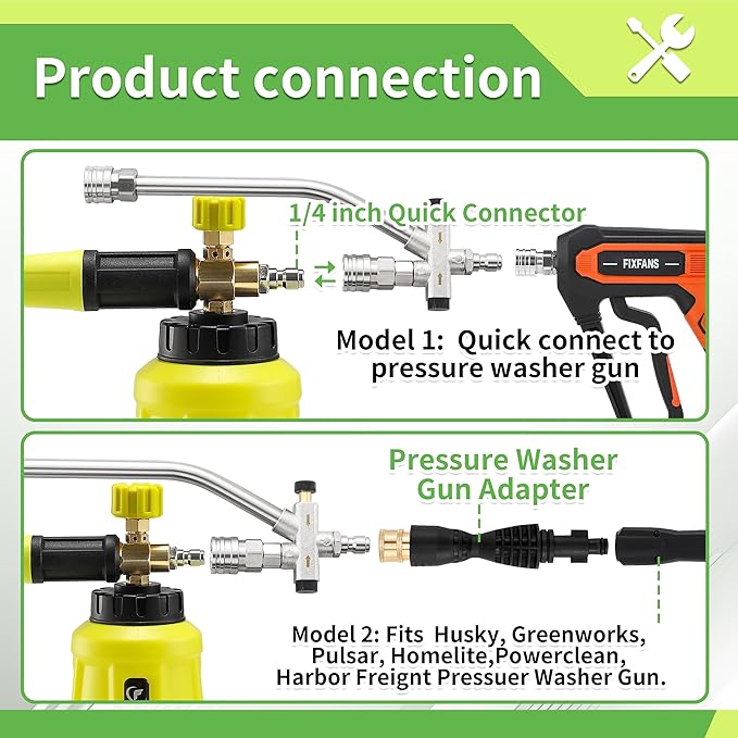 Foam Cannon Dual Connector Accessory for Pressure Washer, Double Tip Attachment Soap Cannon with Replacement Adapter for Portland Husky and Ryobi Power Washer, 1/4" Quick Connect, 5 Nozzles