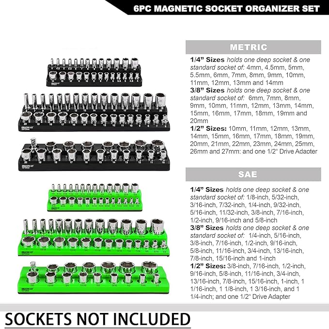 Magnetic Socket Organizer Set 12Pcs, Magnetic Holder, 1/4", 3/8", 1/2" Drive Metric SAE Standard & Deep Sockets Trays(Socket not Included) (6)