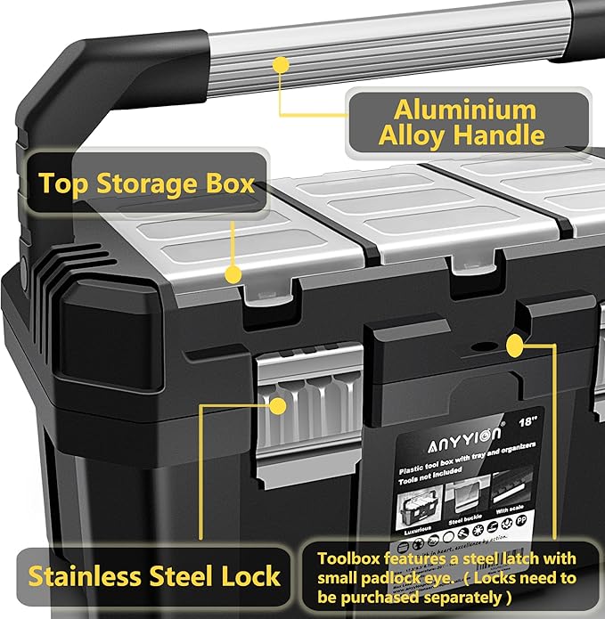 Anyyion 17-Inch Tool box with Removable Tray with Stainless Steel Dual Lock Secured,Small Parts Box, Metal Handle is Truly Rugged（Internal:15.67"L x 7.56"W x 6.7"H)