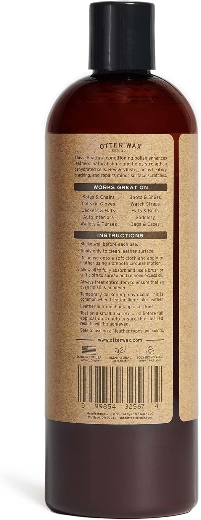 Otter Wax Leather Oil | 16 Oz | Leather Cleaner & Conditioner | All-Natural Color-Safe Treatment for Boots, Furniture, Auto Seats, Jackets, Shoes & Bags | Chemical & PFAS-Free | Made in Portland USA
