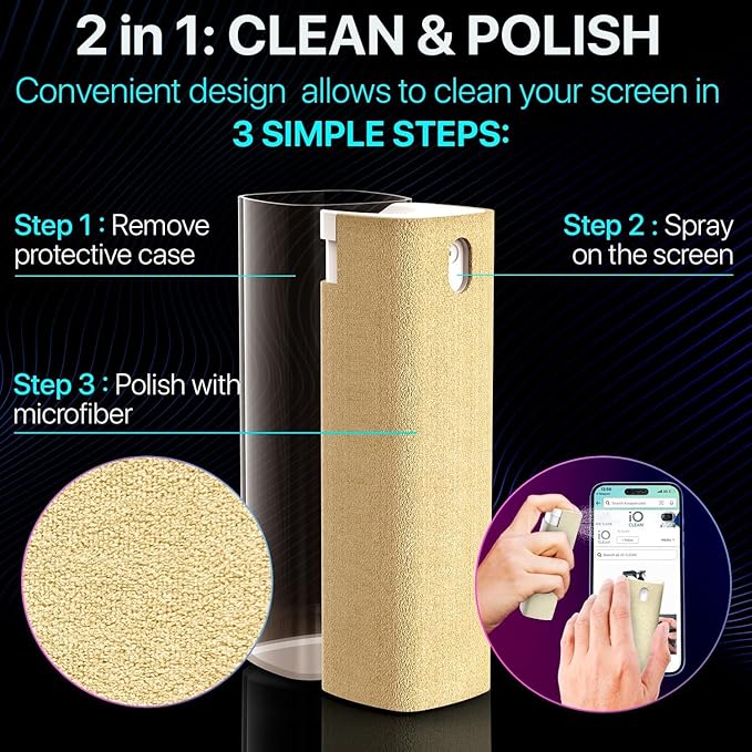 IO CLEAN Mini Screen Cleaner Spray – Finger Proof Screen Cleaner for Smartphones, iPads, MacBooks, Laptops, Car Screens, Touchscreens – 3in1 Mist Cleaner, Microfiber Cloth and Cover (Navy Blue)