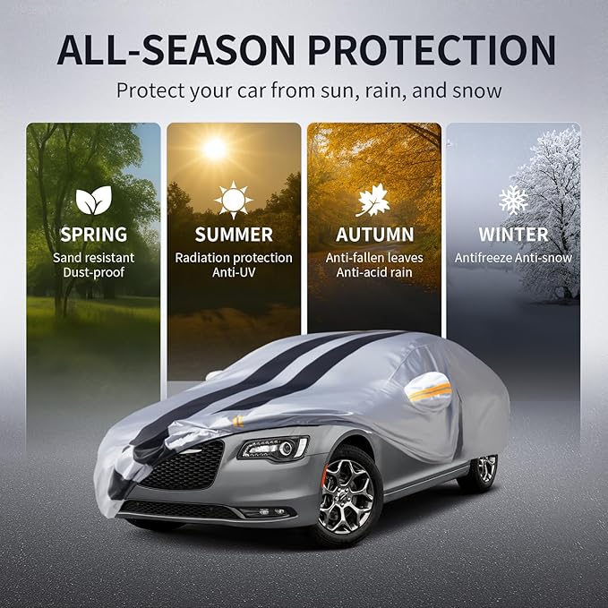 Multi-Layer Car Cover Custom Fit for Chrysler 300(2004-2026), 100% Waterproof All Weather for Automobiles, Gift with Towel, Heavy Duty Car Covers for Rain Sun UV Protection with Door Zipper