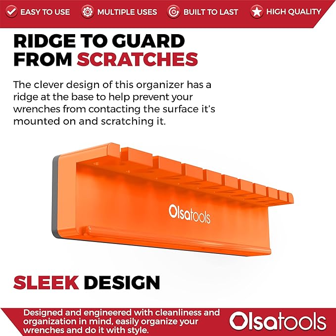 Olsa Tools Magnetic Wrench Holder Organizer - Orange - Fits SAE 3/8" to 15/16" & Metric 10mm to 19mm - Durable Tool Storage Solution - Part 1559