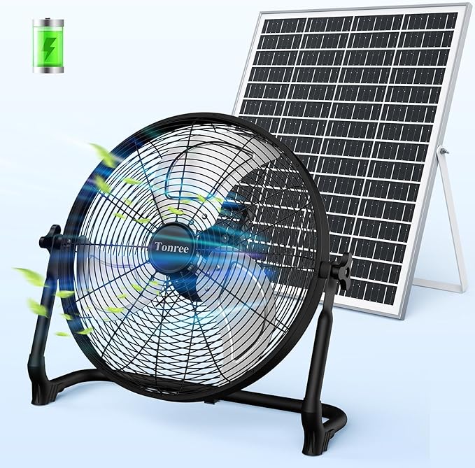 18" Portable Battery Operated Solar Fan, Rechargeable Floor Fan, Hi-Velocity Cordless Camping Fan, USB Phone Charge, 12-60H Runtime, Quiet, Wireless, For Travel Shed Outdoor Home Garage Tent Car Barn