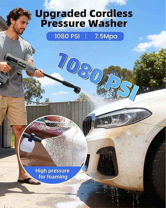 Cordless Pressure Washer 1080PSI with 2 x 3.0 Ah Batteries, Portable Power Washer with 6-in-1 Nozzle,Foam Cannon, Hose, Faucet Adaptor, Handheld Pressure Washer for Car Wash Fences Driveways Patios