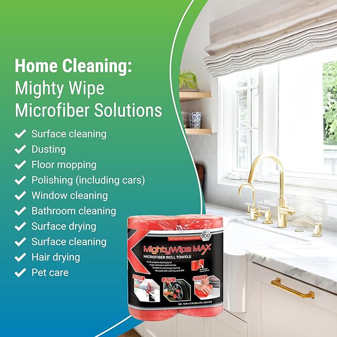 Berk Wiper MIGHTYWIPE Max (50 Microfiber Towels per Roll, 2 Roll) Reusable Microfiber Towel Rolls, Latex-Free and Lint-Free for Effective Wiping, Red