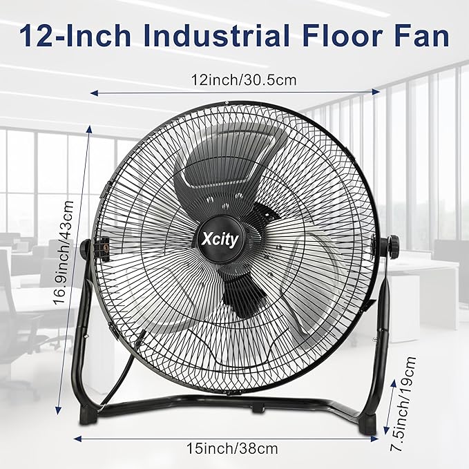 Xcity 12 Inch Metal Industrial Floor Fans, Max 1800 CFM, Heavy Duty High Velocity Fan with 3-speed and 360°Adjustable Tilt, for Warehouse, Workshop, Factory, Garage