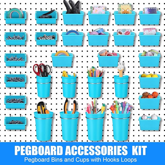 Sieral 64 Pieces Pegboard Bins Pegboard Cups with Hooks and Loops Peg Hooks Assortment Organizer Accessory for Organizing Accessories Tools Storage Office Workshop Garage Workbench (Blue)