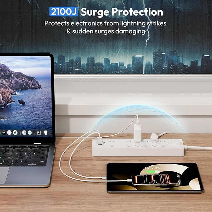 15 ft Extension Cord Flat Plug Power Strip, NTONPOWER 2100 Joules Surge Protector with 12 Outlet 3 USB Port, 1875W/15A, Overload Protection, Long Cord Wall Mountable for Home Office Accessories, White