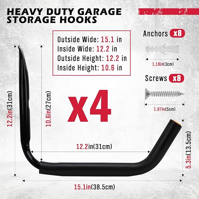 SEDY 4-Piece 15" 100 Lbs Heavy Duty Garage Storage Hooks, Kayak Storage Rack Garage Hooks Jumbo Arm Kayak Wall Mount for Hanging Surfboard Snowboard Paddle Board Ladders Bikes