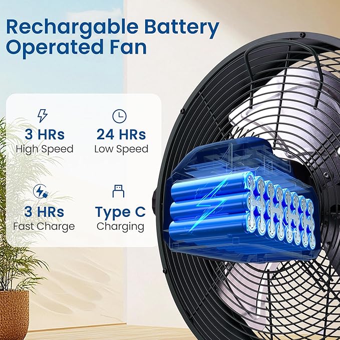 15" Rechargable Battery Operated Fan for Camping,12 Speeds Cordless Floor Fan，Rechargeable Portable Fan for Travel Indoor Outdoor, 12000mAh, 360°Manual Tilt
