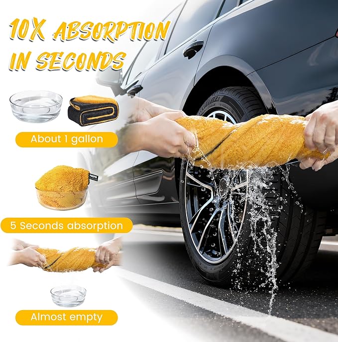 PUGPIU Car Drying Towel - 1400GSM Extra Large Super Absorbent Microfiber Towels for Cars 24"x36" - Large Edgeless with Twisted Loop, Lint-Free & Streak-Free for Auto Detailing, SUV, Truck (Yellow)