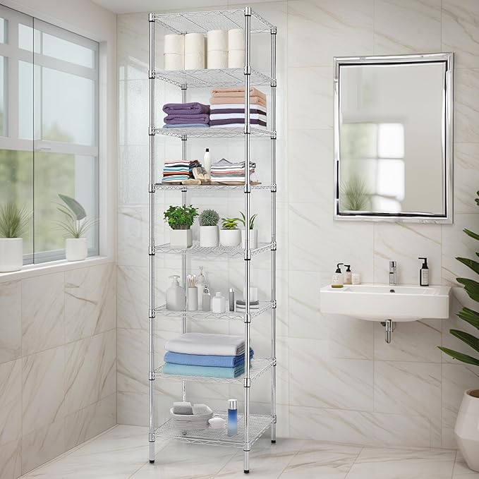 Finnhomy Heavy Duty 8 Tier Wire Shelving, 18x18x78.8 inches 8 Shelves Storage Rack with Thicken Steel Tube, Pantry Shelves for Storage, Adjustable Metal Shelving Unit, NSF Certified, Chrome