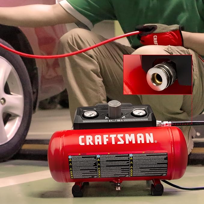 CRAFTSMAN Air Compressor, 1.5 Gallon, 3/4 HP, Max 125 PSI, 1.5 CFM@90psi, Fast Fill Air Compressor, Oil-Free, Portable Air Compressor for DIY Workshop,Spray Painting, Tire Inflation
