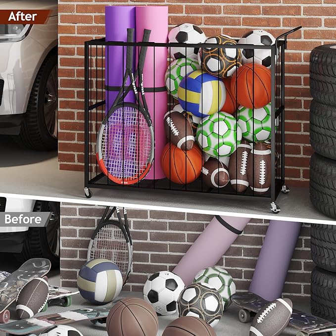 Homsorout Ball Storage Bin Rolling Sports Ball Cart, Metal Garage Organizer Sport Rack, Ball Basket Storage, Ball Cage for Garage or Gym, Indoor & Outdoor Sports Equipment Organizer