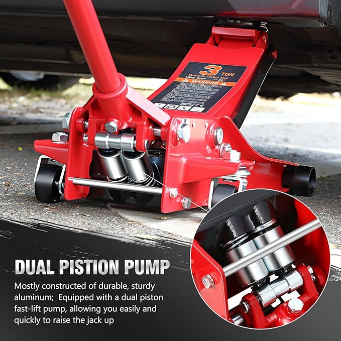 PM PERFORMOTOR Low Profile Hydraulic Trolley Service/Floor Jack, 3 Ton (6000 lbs) Capacity, Lifting Range 3"-20",Red,PM-TOL-FJ30-RD