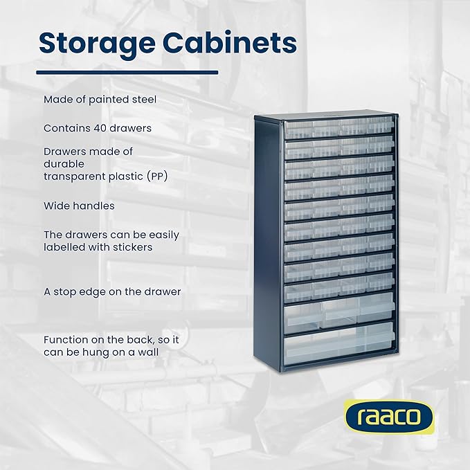 Raaco Steel Storage Cabinet, Tall 40-Drawer, Clear Polypropylene Plastic Drawer – Small Parts Organizer, Screws, Nuts & Bolts, Crafts & Hardware – Tool Cabinet for Workbench & Wall Storage (C12-40)