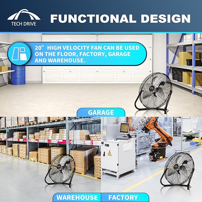 Tech Drive High Velocity Floor Fan, 20 inch Heavy Duty Metal Industrial Fans,3 Powerful Speed,360° Adjustable Tilting and All Metal Construction, Black